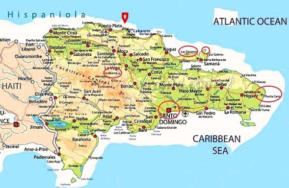 Karte der Dominikanischen Republik mit wichtigen Städten und geografischen Informationen.