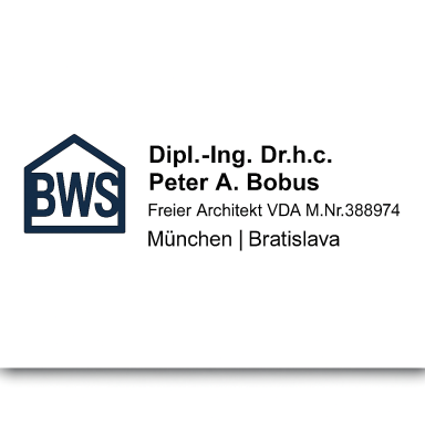 Logo von BWS mit dem Namen Peter A. Bobus, freier Architekt in München und Bratislava.