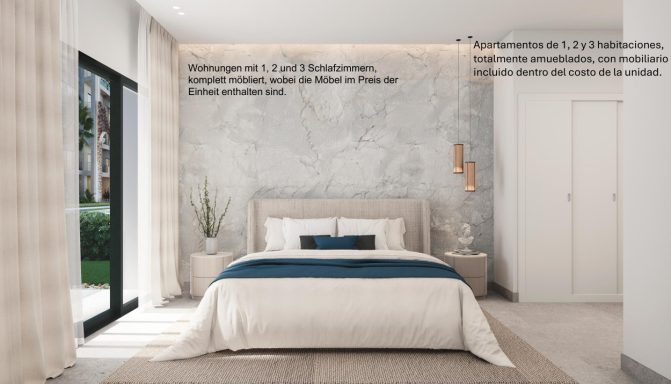 Helles Schlafzimmer mit modernem Bett, dekorativen Kissen und großem Fenster.