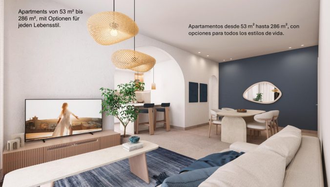 Modernes Wohnzimmer mit heller Einrichtung, großen Fenstern und stilvollen Lampen.