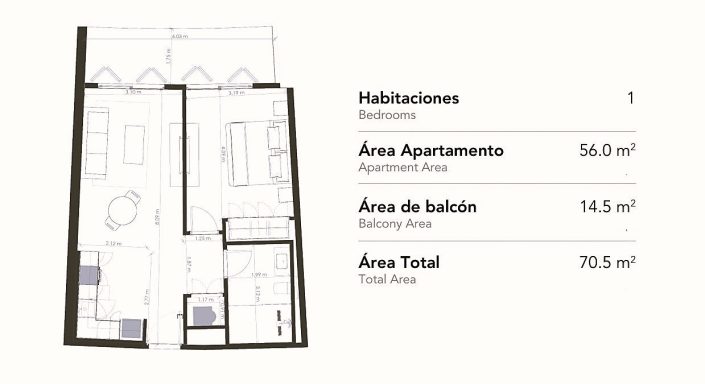 Grundriss eines Apartments mit Flächenangaben für verschiedene Bereiche.