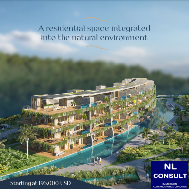 Moderne Wohnanlage eingebettet in eine natürliche Umgebung mit Grünflächen und Wasser.