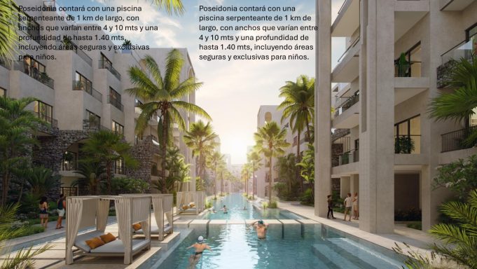 Moderne Wohnanlage mit einem Poollandschaft, palmengesäumten Wegen und entspannenden Liegen.